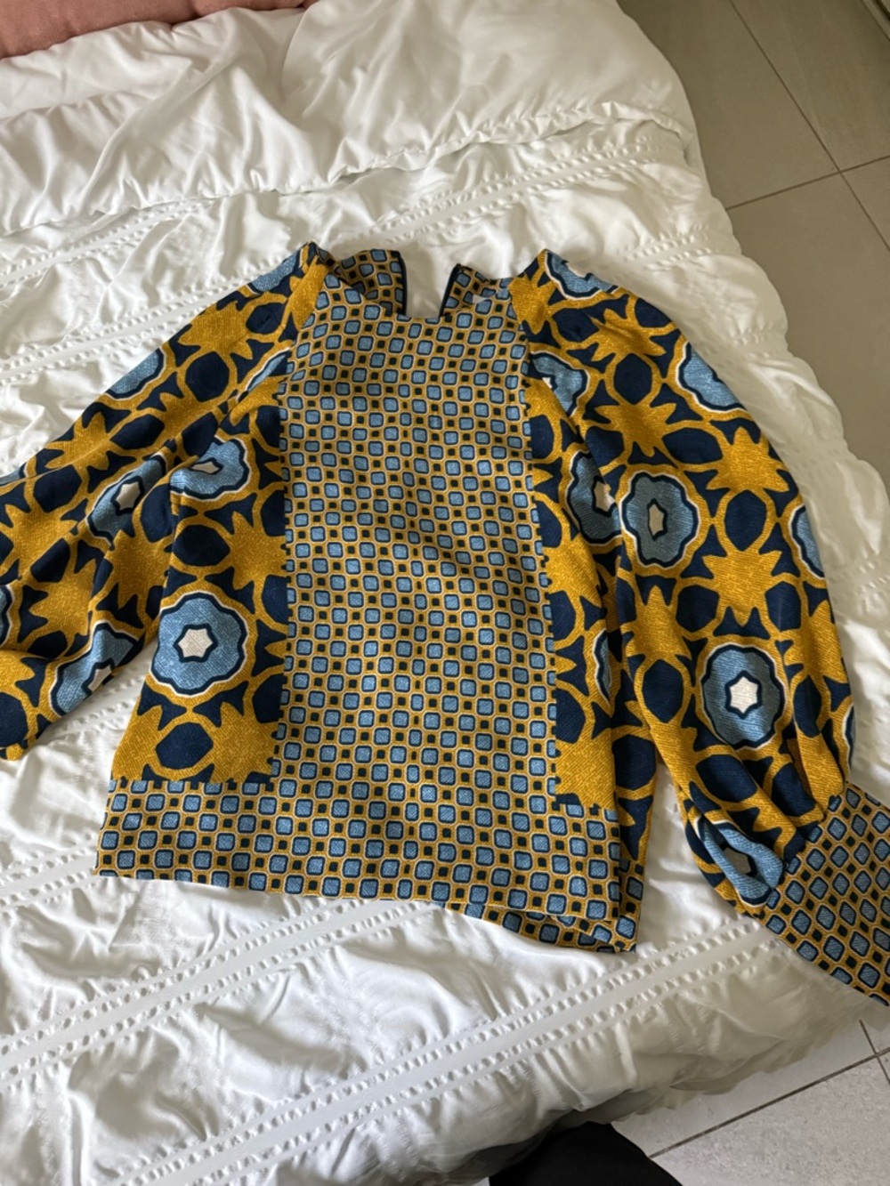 Chico's Yellow and Blue Patterned Long-Sleeve Blouse